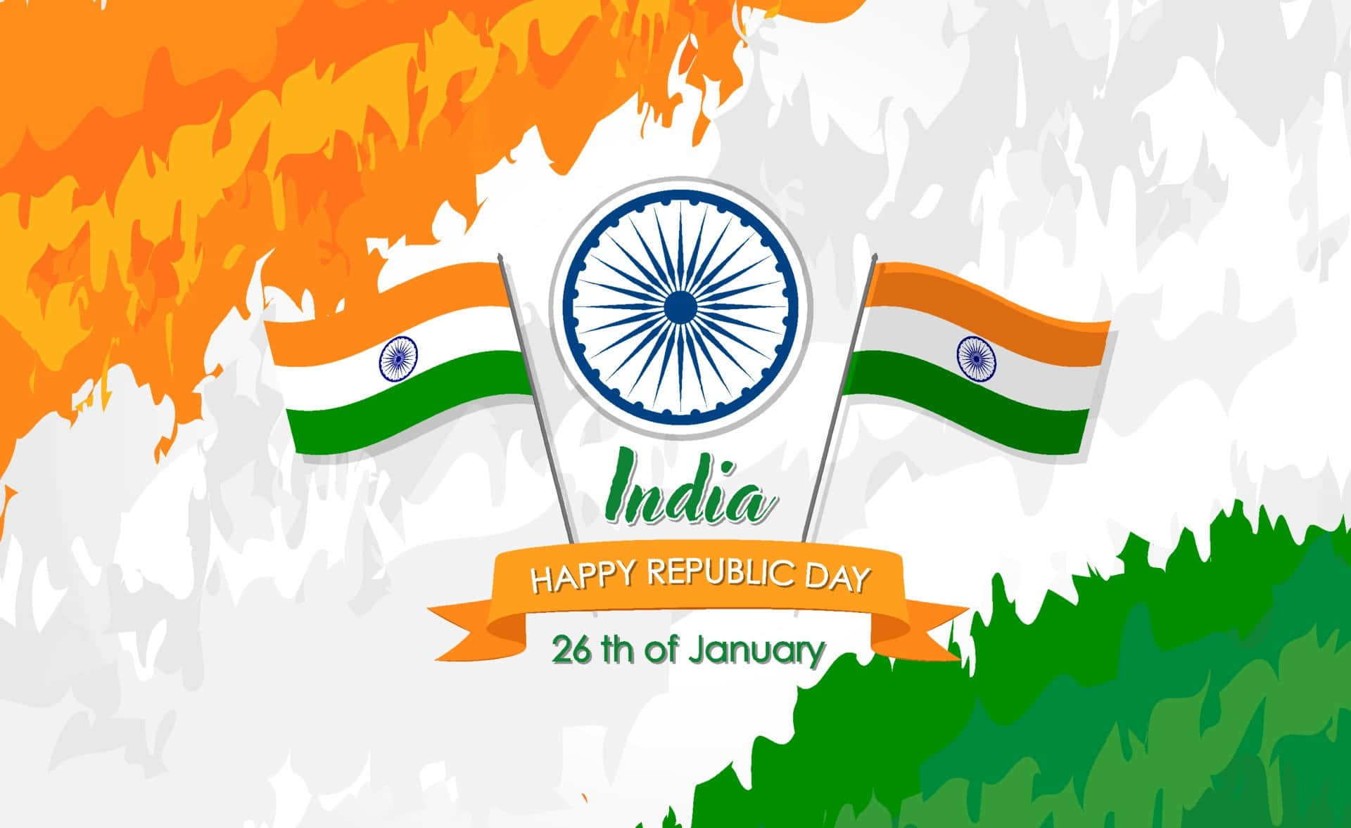 Republic Day 桌布 壁紙 — 印度三色旗和Ashoka Chakra的充滿活力的數位插圖，以火熱的橙色和茂盛的綠色抽象背景慶祝共和國日。