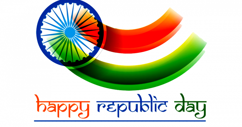 Republic Day 桌布 壁紙 — 印度三色旗和阿育王法輪的鮮豔數位圖形，下方有「happy republic day」文字。