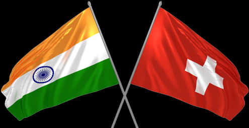 India Flag 桌布 壁紙 — 印度和瑞士國旗在黑色背景上交錯，帶有布料摺痕和逼真燈光效果。