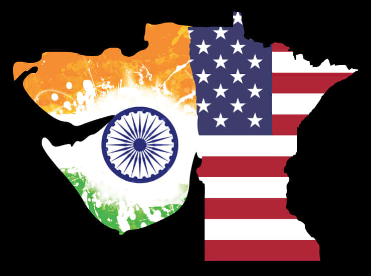 India Flag 桌布 壁紙 — 印度和美國國旗以潑濺效果填充明尼蘇達州的輪廓，背景為黑色。