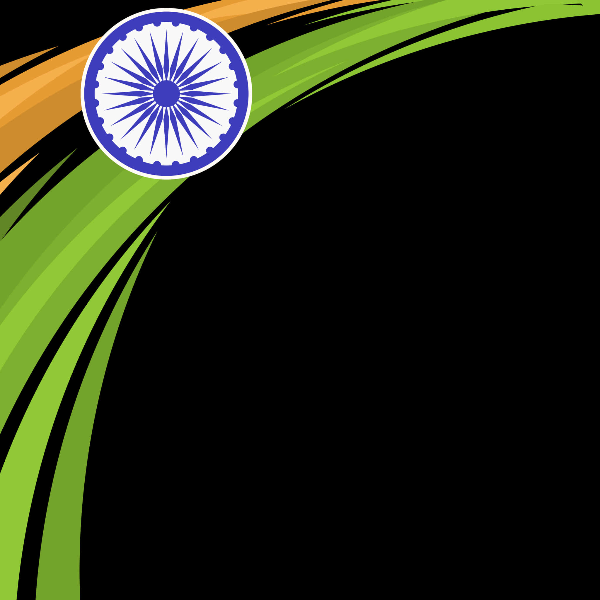 India Flag 桌布 壁紙 — 印度國旗，帶有藏紅花、綠色和海軍藍條紋，中心為阿育王法輪，置於動態黑色背景上。