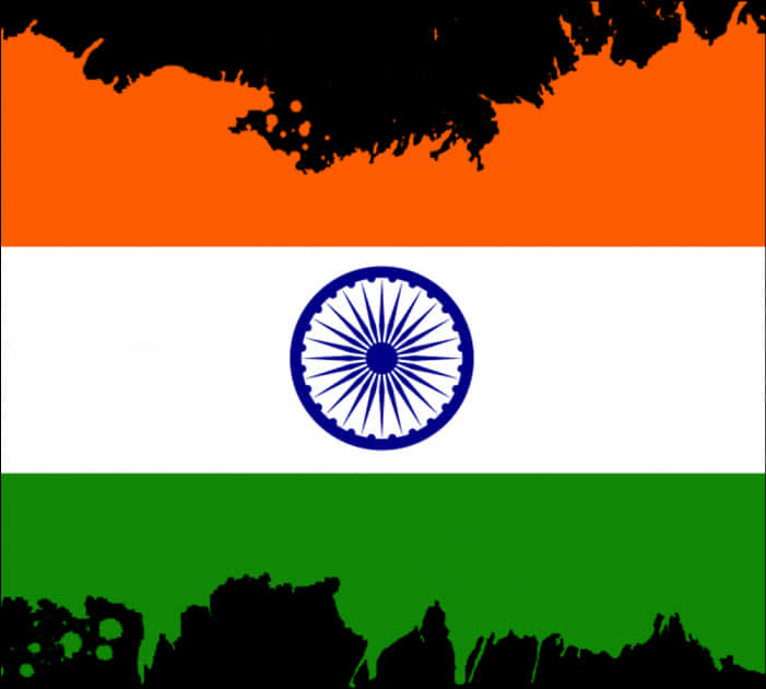 India Flag 桌布 壁紙 — 印度國旗，有橙色、白色和綠色條紋，中間有藍色阿育王法輪，帶黑色墨水飛濺邊框。