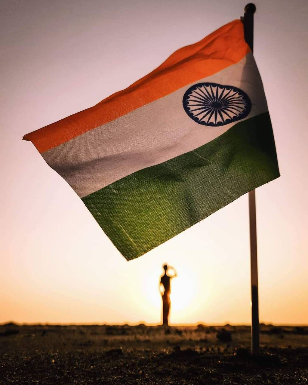 Indian 桌布 壁紙 — 印度國旗在日落時分自豪地飄揚，一個剪影人物在荒蕪的田野中敬禮。