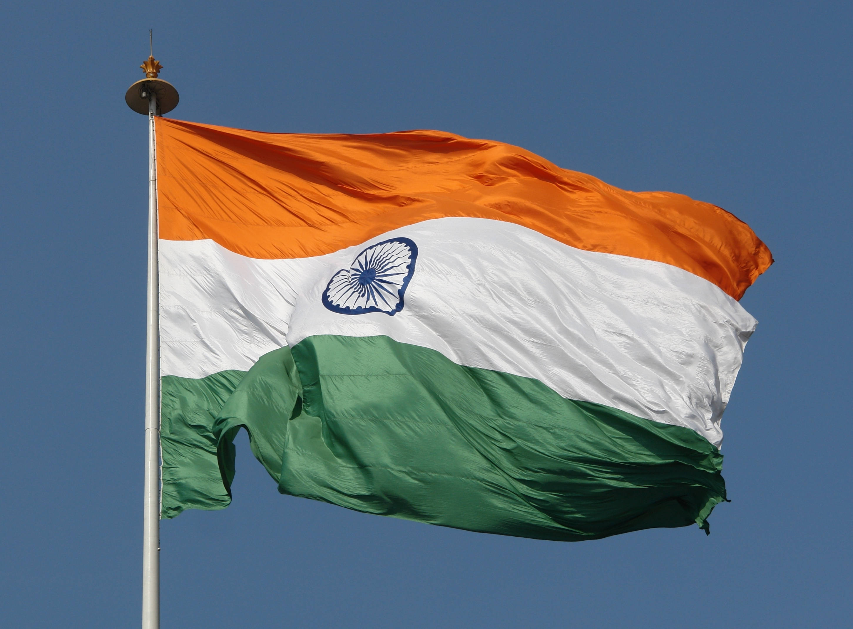 Indian 桌布 壁紙 — 印度國旗在清澈的藍天下自豪地飄揚，帶有鮮豔的藏紅花、白色和綠色條紋，中央是海軍藍的阿育王法輪。