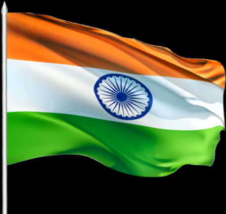 India Flag 桌布 壁紙 — 印度國旗在純黑背景上動態飄揚，其藏紅花、白色和綠色條紋以及藍色阿育王法輪細節清晰可見。