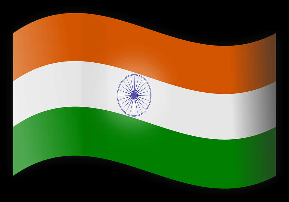 India Flag 桌布 壁紙 — 印度國旗在純黑背景上動態飄揚，展示其藏紅花、白色和綠色條紋以及海軍藍色的阿育王法輪。
