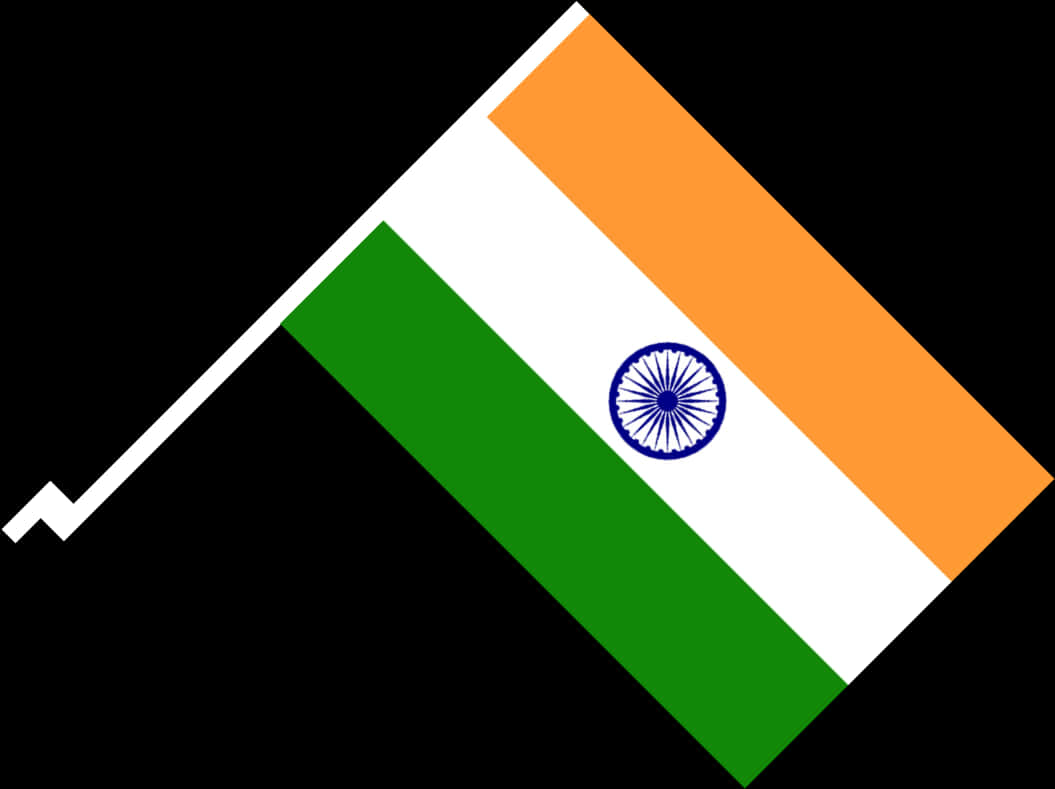 India Flag 桌布 壁紙 — 印度國旗在純黑色背景上以對角線飄揚，帶有鮮明的藏紅花、白色和綠色條紋，中央是海軍藍色的阿育王法輪。