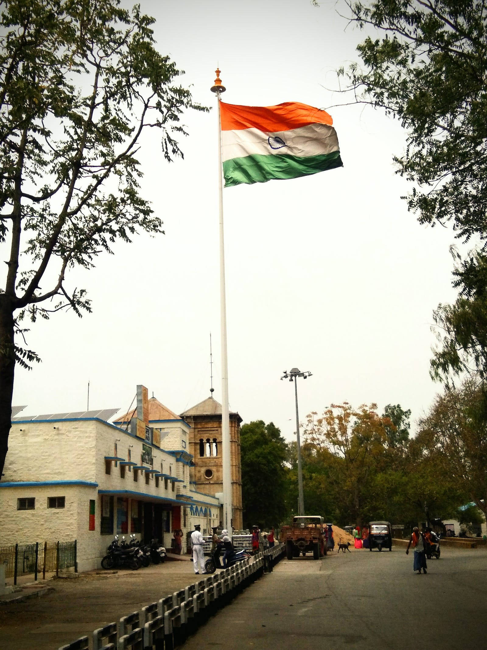 Tiranga 桌布 壁紙 — 印度國旗在高高的旗桿頂端自豪地飄揚，被茂密的樹木環繞，背景是陰天，位於繁忙的城市環境中。