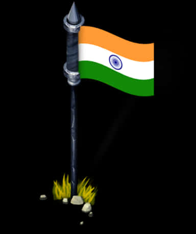 India Flag 桌布 壁紙 — 印度國旗在黑色背景下的尖刺金屬桿頂飄揚，底部有發光的黃色草叢。