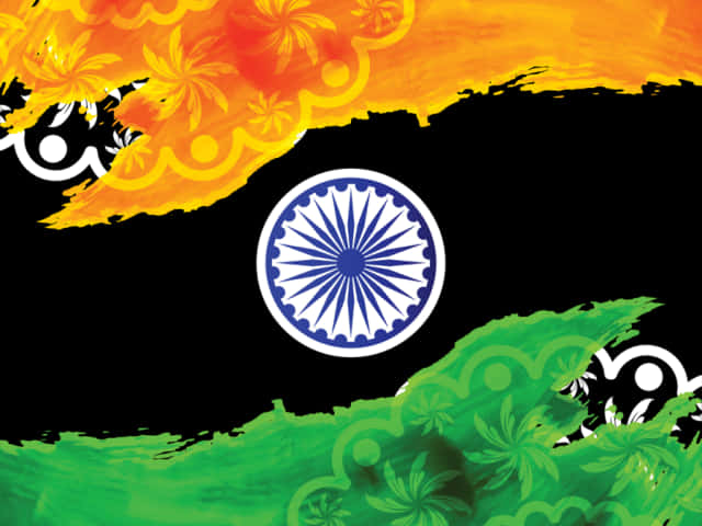 India Flag 桌布 壁紙 — 印度國旗的鮮豔藝術演繹，以大膽的藏紅花、綠色和黑色筆觸裝飾花卉圖案。