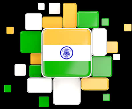 India Flag 桌布 壁紙 — 印度國旗置於黑色背景上漂浮的綠色、白色和黃色方塊中央。