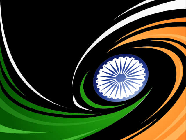 India Flag 桌布 壁紙 — 印度國旗顏色的動態漩渦形成一個風格化的眼睛，中心有阿育王法輪。