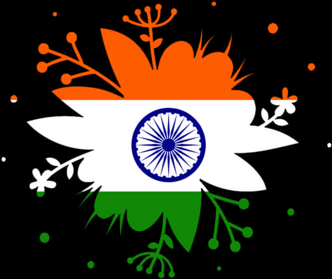 India Flag 桌布 壁紙 — 印度國旗風格化為一朵鮮豔的花朵，帶有橙色、白色和綠色的花瓣，中心是藍色的阿育王法輪，背景為黑色。