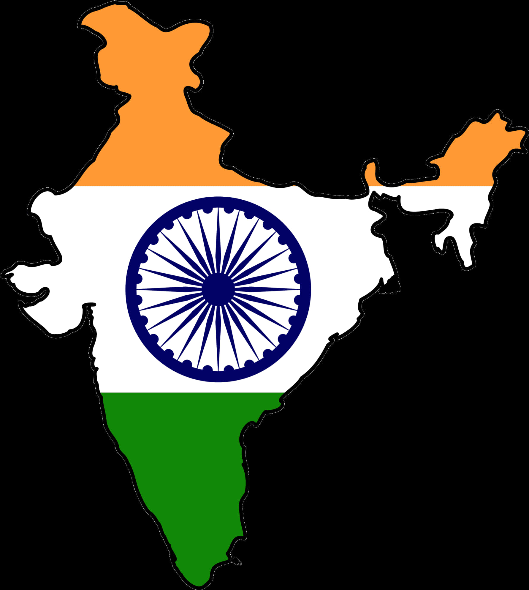 India Flag 桌布 壁紙 — 印度地圖剪影，填充其國旗三色，白色條帶中央為阿育王法輪。