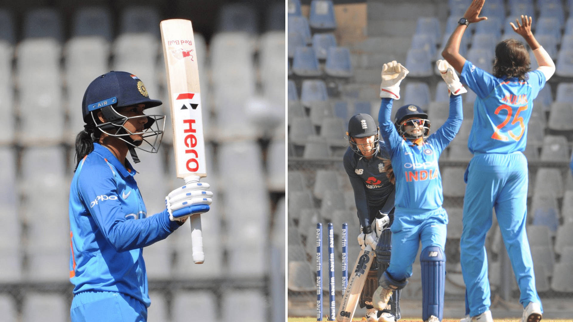 Smriti Mandhana 桌布 壁紙 — 印度女子板球隊在陽光明媚的球場上慶祝一個三柱門，擊球手手持球棒，隊員們高舉雙臂。