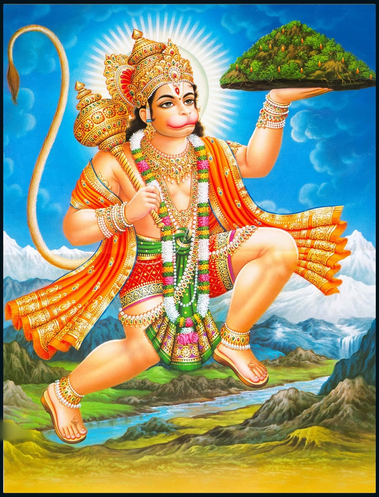 Hanuman 桌布 壁紙 — 印度教神祇哈努曼動態地躍過山巒景觀，高舉著一個鬱鬱蔥蔥的島嶼，在燦爛的陽光下。