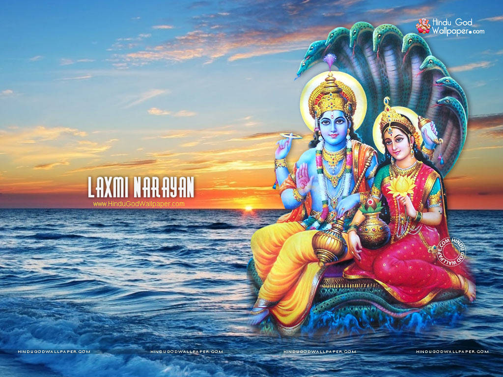 Vishnu 桌布 壁紙 — 印度教神祇拉克什米和納拉揚優雅地坐在一條飾有蛇的寶座上，漂浮在日落時分的海浪上。