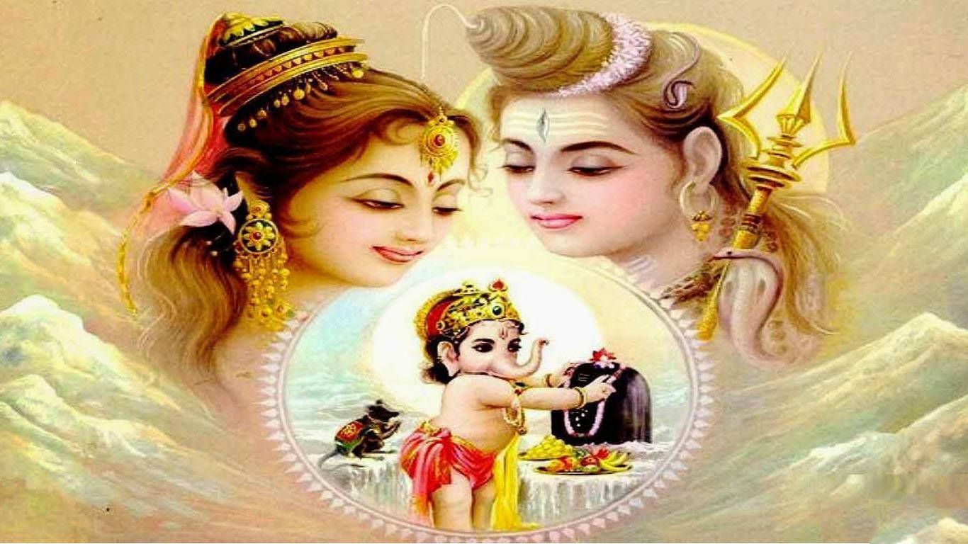 Shiv Parivar 桌布 壁紙 — 印度教神祇拉達·克里希納和嬰兒克里希納的神聖形象，位於神聖圓形框架內，背景為山巒。