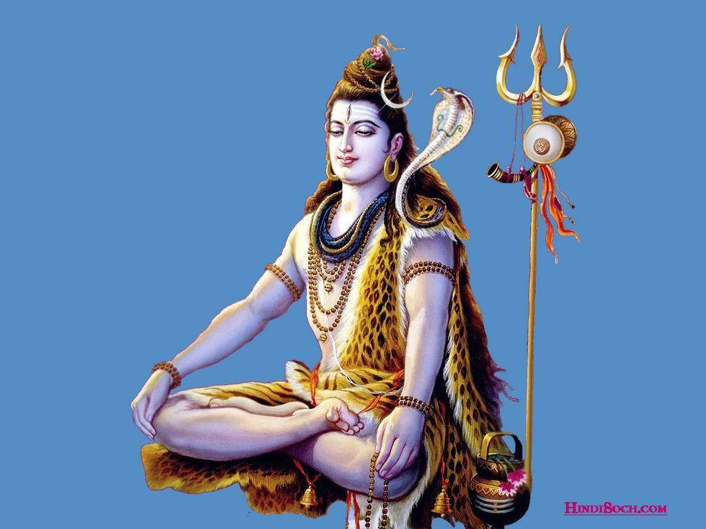 shiv shankar HD 桌布 壁紙 — 印度教神祇濕婆以蓮花坐姿安詳冥想，飾有蛇和三叉戟，背景為純藍色。