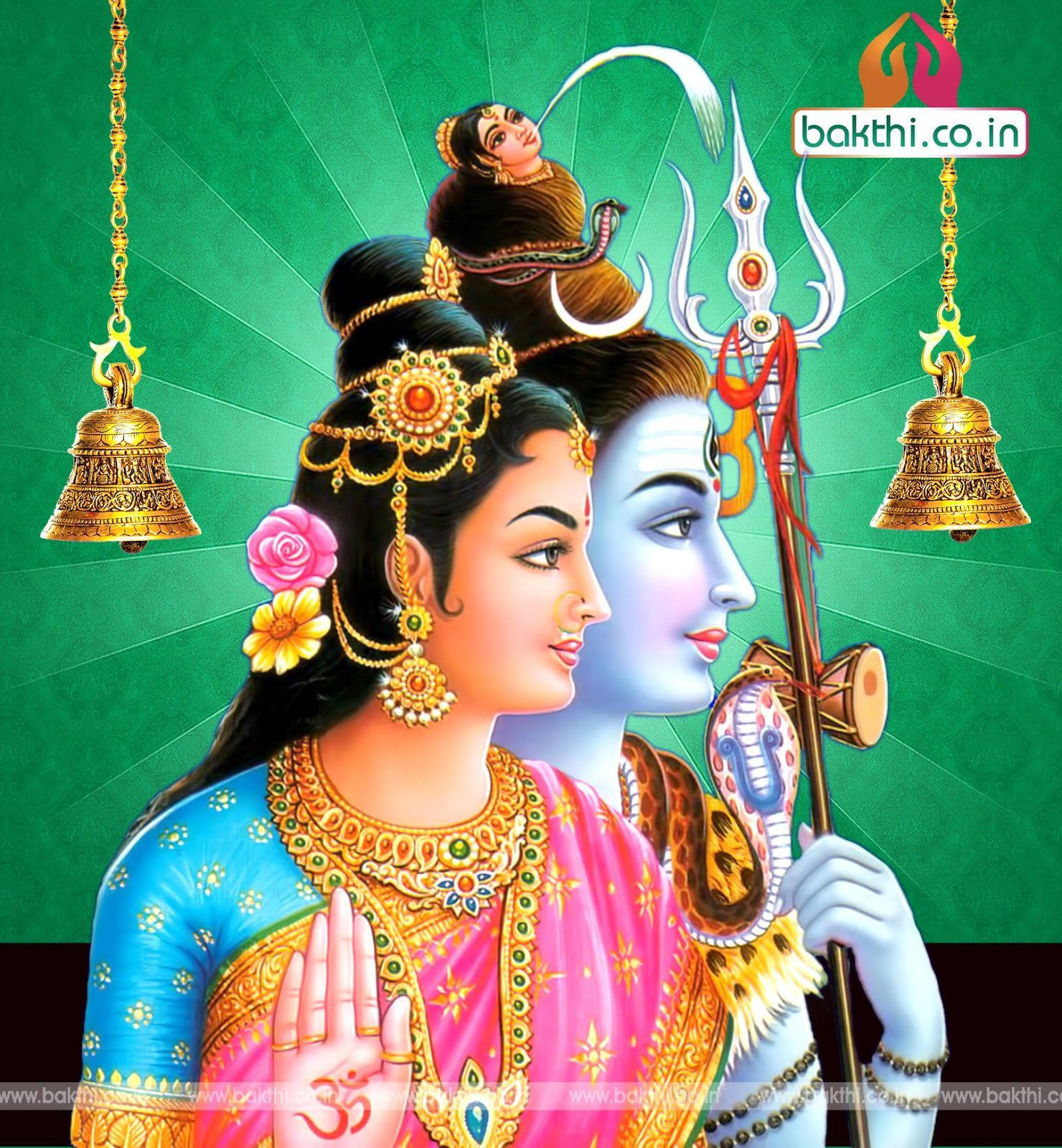 shiva parvathi 桌布 壁紙 — 印度教神祇濕婆和帕爾瓦蒂的側面神聖插圖，飾有珠寶和神聖符號，背景為光芒四射的綠色。