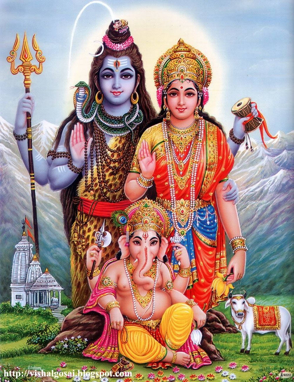 shiva parvathi 桌布 壁紙 — 印度教神祇濕婆帕爾瓦蒂和象頭神甘尼薩與一頭白牛坐在明亮的天空下的山區景觀中。