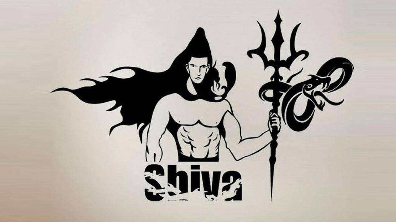 濕婆神 桌布 壁紙 — 印度教神祇濕婆的黑色剪影，頭髮飄逸，手持三叉戟和蛇，背景為米色牆壁。