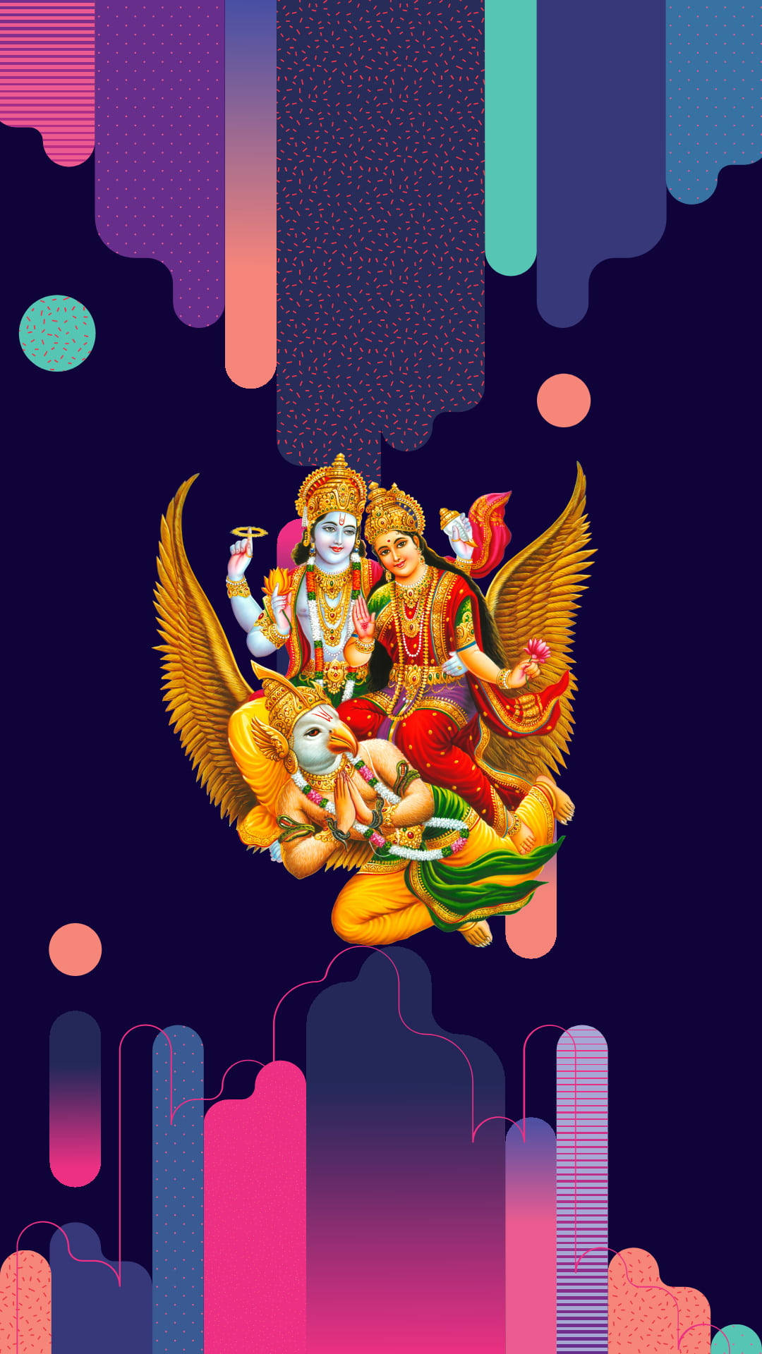 hindu iPhone 桌布 壁紙 — 印度教神靈騎著金鷹，以夜間風格化多彩城市景觀為背景的充滿活力的數位插圖。
