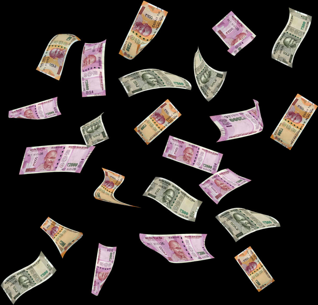 金錢 桌布 壁紙 — 印度盧比鈔票在純黑背景上以散落漂浮的排列動態飄揚。