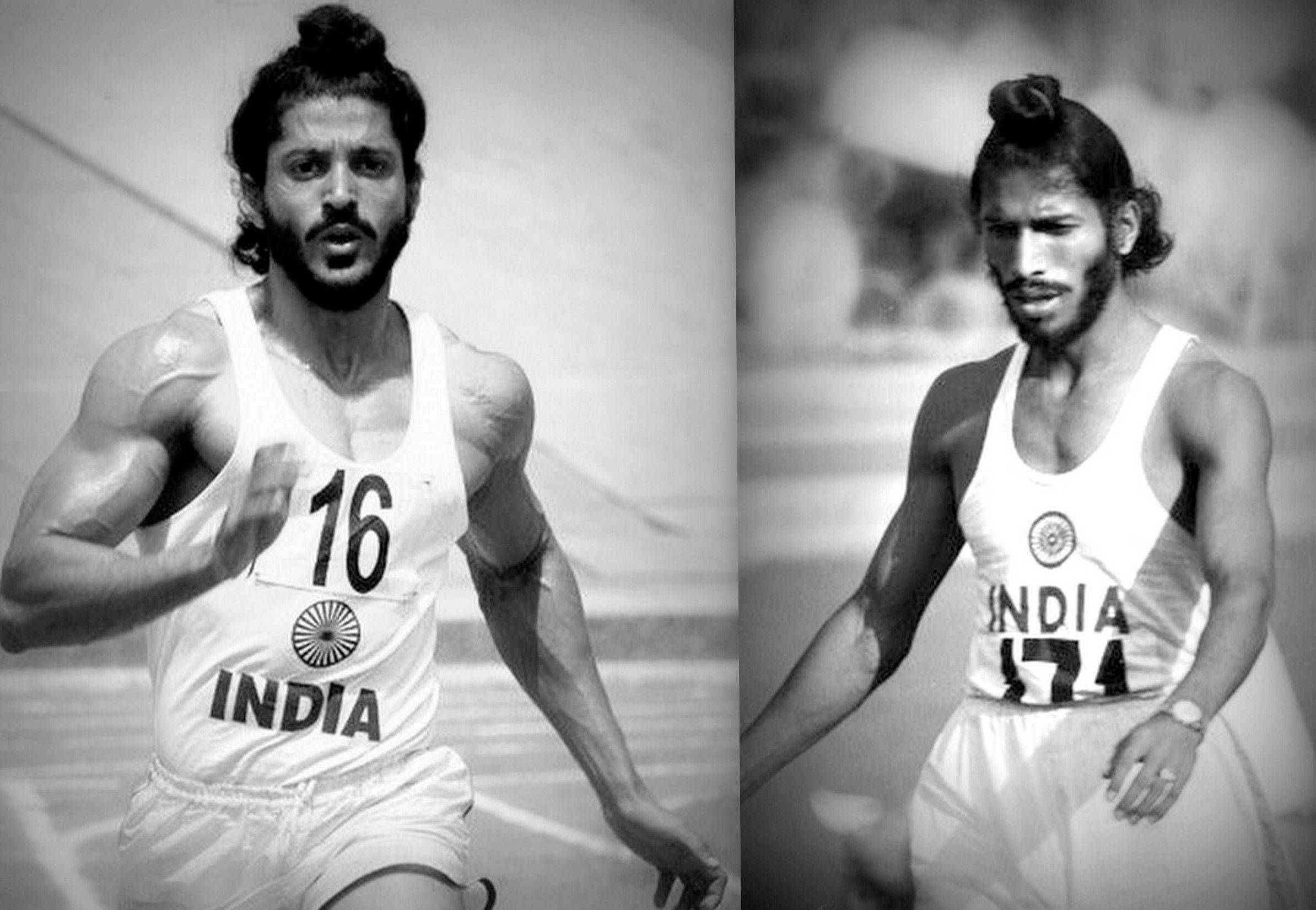 Milkha Singh 桌布 壁紙 — 印度運動員穿著16號和174號田徑衫跑步的黑白分割圖像。