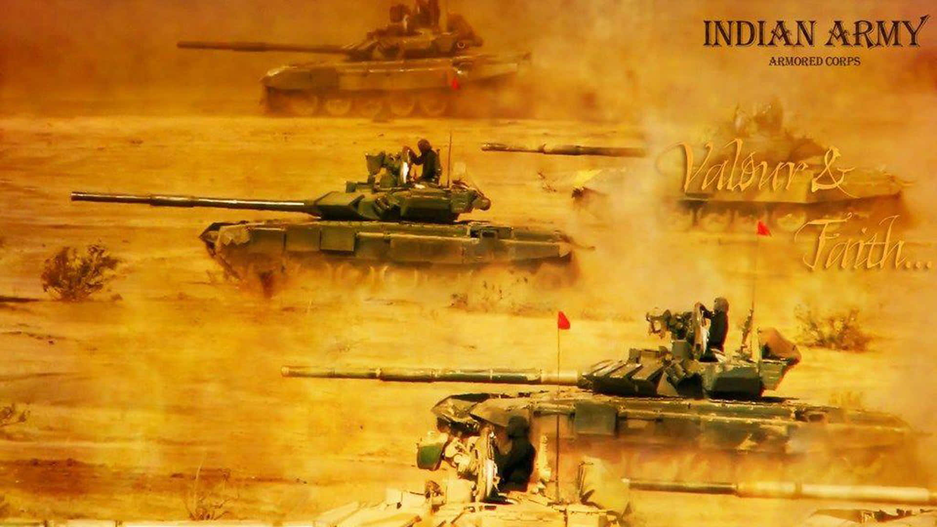 印度軍隊 桌布 壁紙 — 印度陸軍坦克在塵土飛揚的沙漠戰場上衝鋒，揚起金色沙塵，展現力量與勇氣。