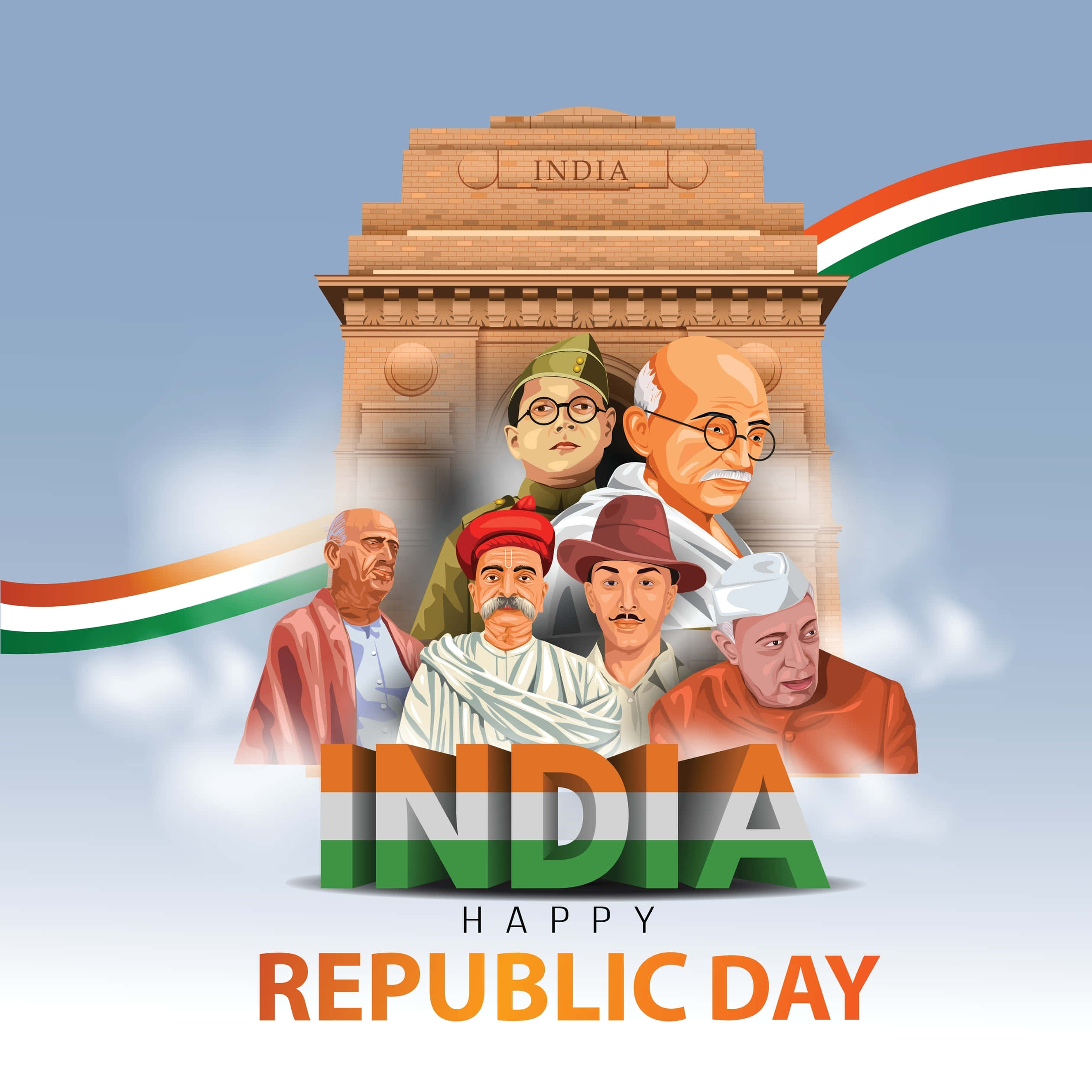 Republic Day 桌布 壁紙 — 印度領袖的插圖半身像飄浮在印度門前，配有三色絲帶和「Happy Republic Day」文字。