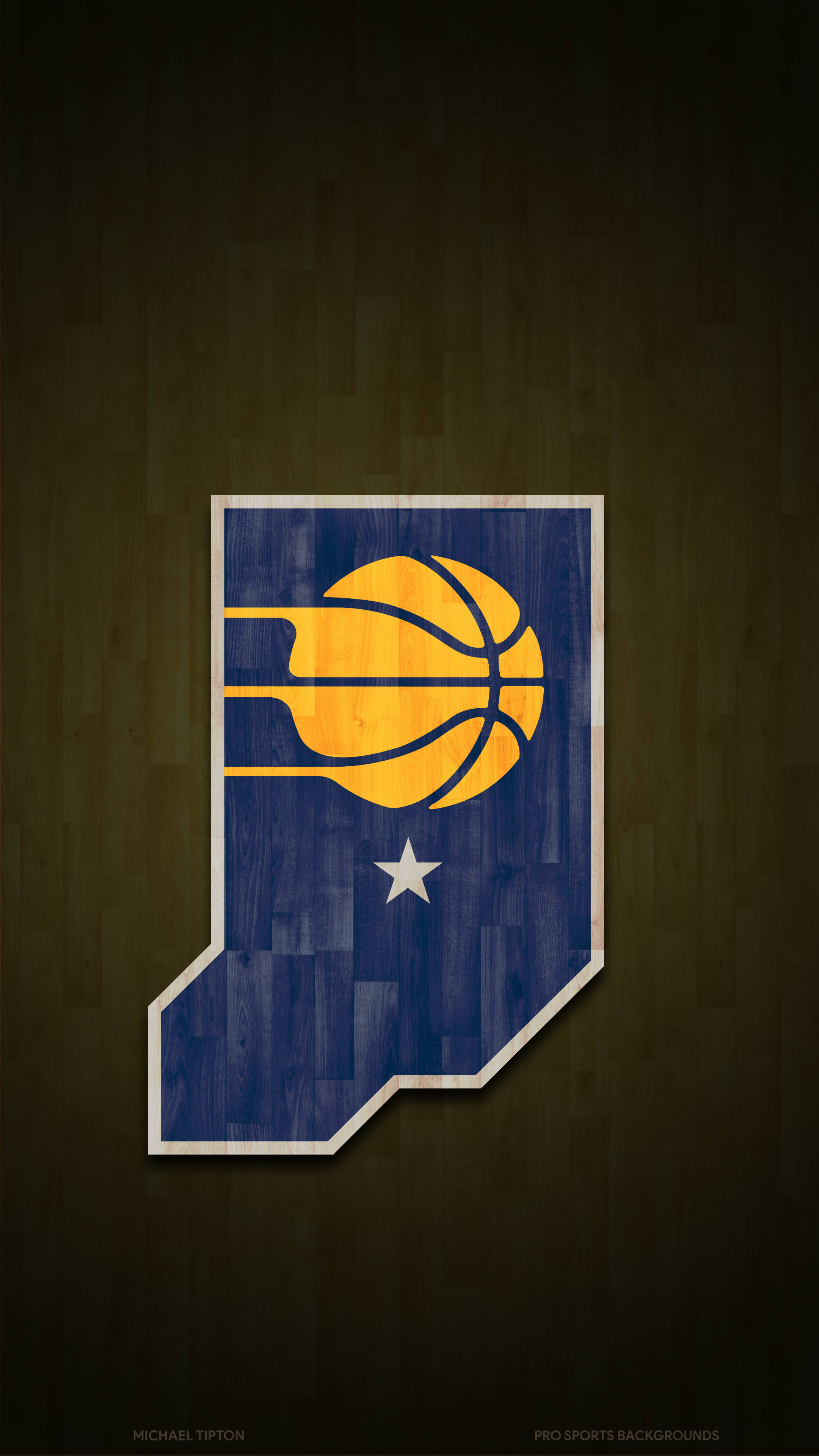 Pacers 桌布 壁紙 — 印第安納溜馬標誌，藍色背景上有黃色籃球和白色星星，背景為深色木地板紋理。