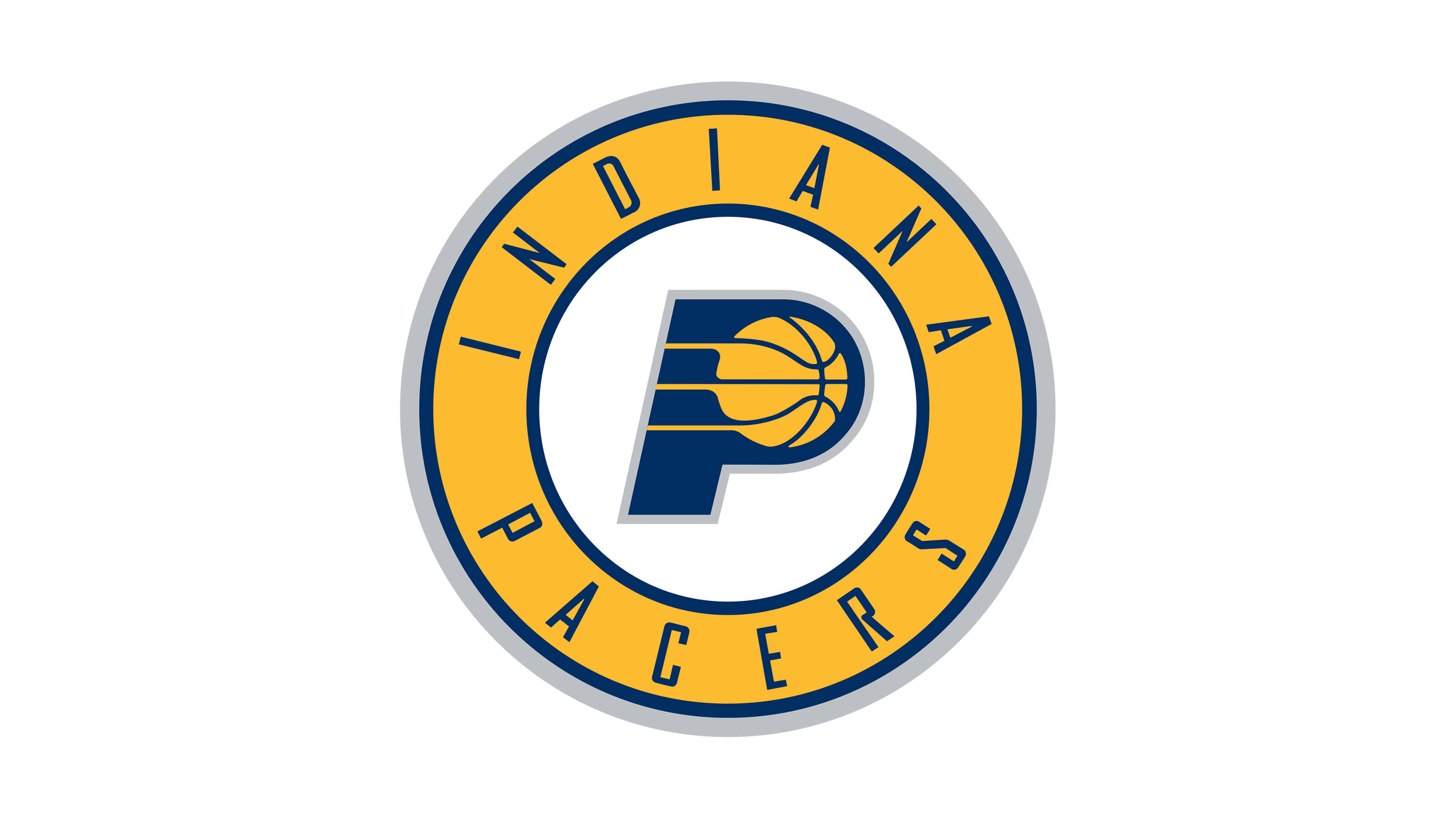 Pacers 桌布 壁紙 — 印第安納溜馬隊標誌以一個大膽的藍色 'P' 為特色，內含一個籃球，周圍環繞著黃色和海軍藍色文字，背景為白色。