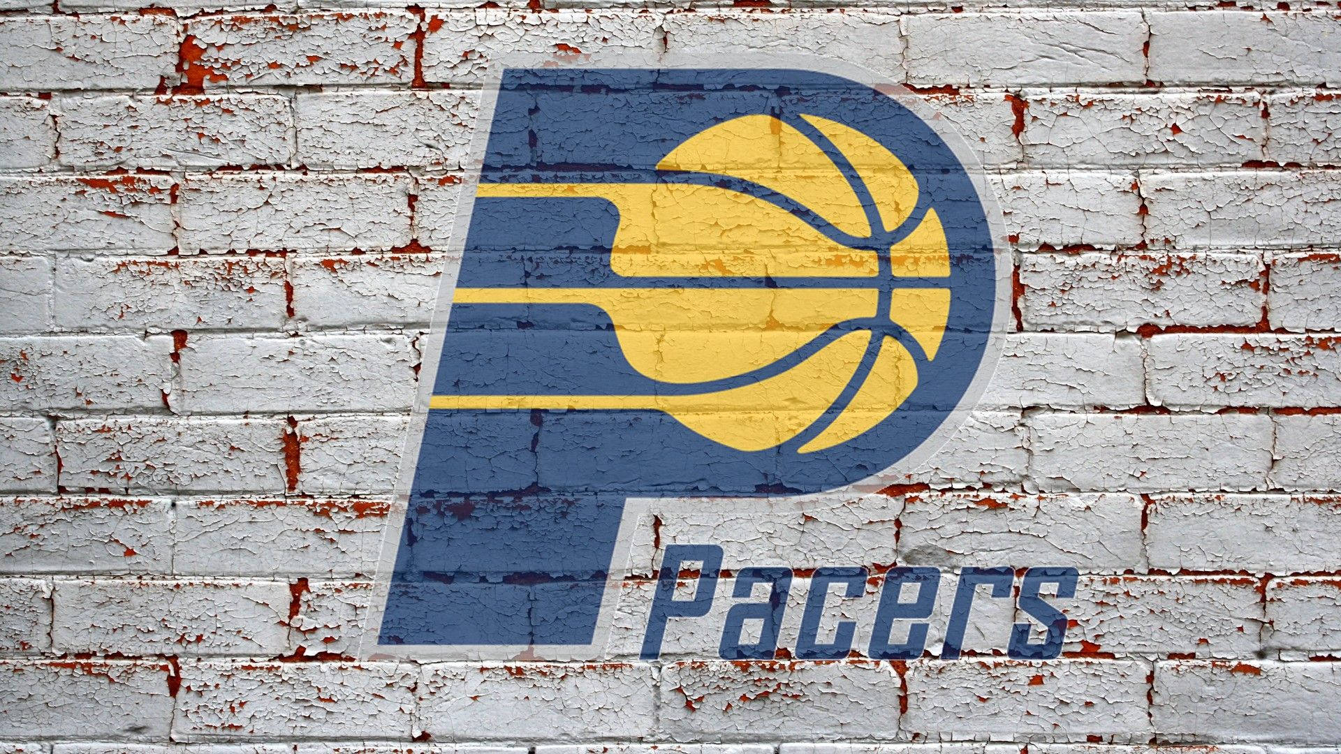 Pacers 桌布 壁紙 — 印第安納溜馬隊標誌以鮮明的藍色和金色繪製在風化的白色磚牆上，油漆剝落。
