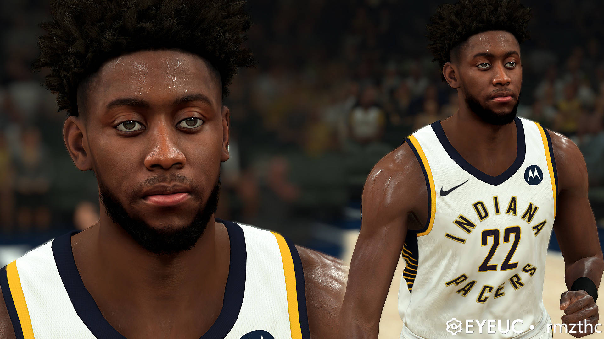 caris levert 桌布 壁紙 — 印第安納溜馬隊球衣籃球運動員在比賽中汗水在皮膚上閃閃發光的特寫。