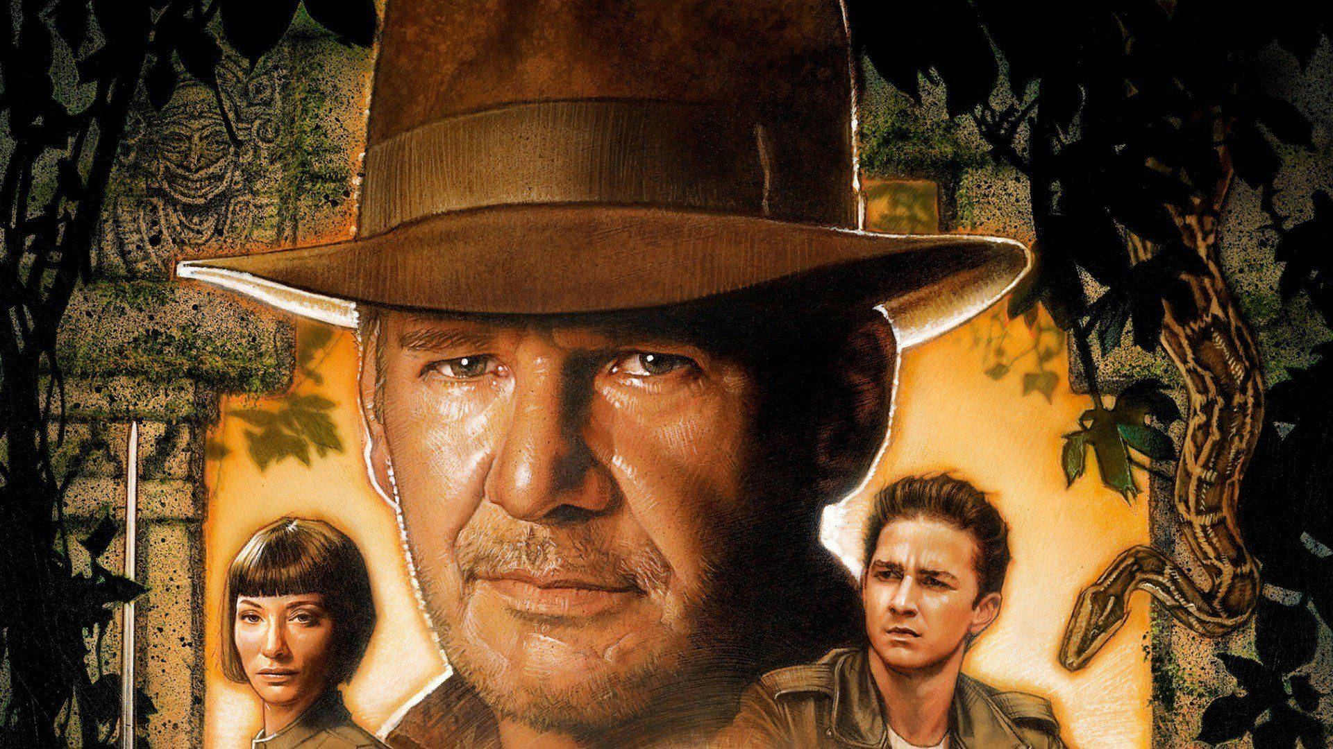 Indiana Jones 桌布 壁紙 — 印第安納瓊斯在叢林神廟中專注地凝視，附近有一條蛇蜷曲，還有兩個同伴在他兩側。
