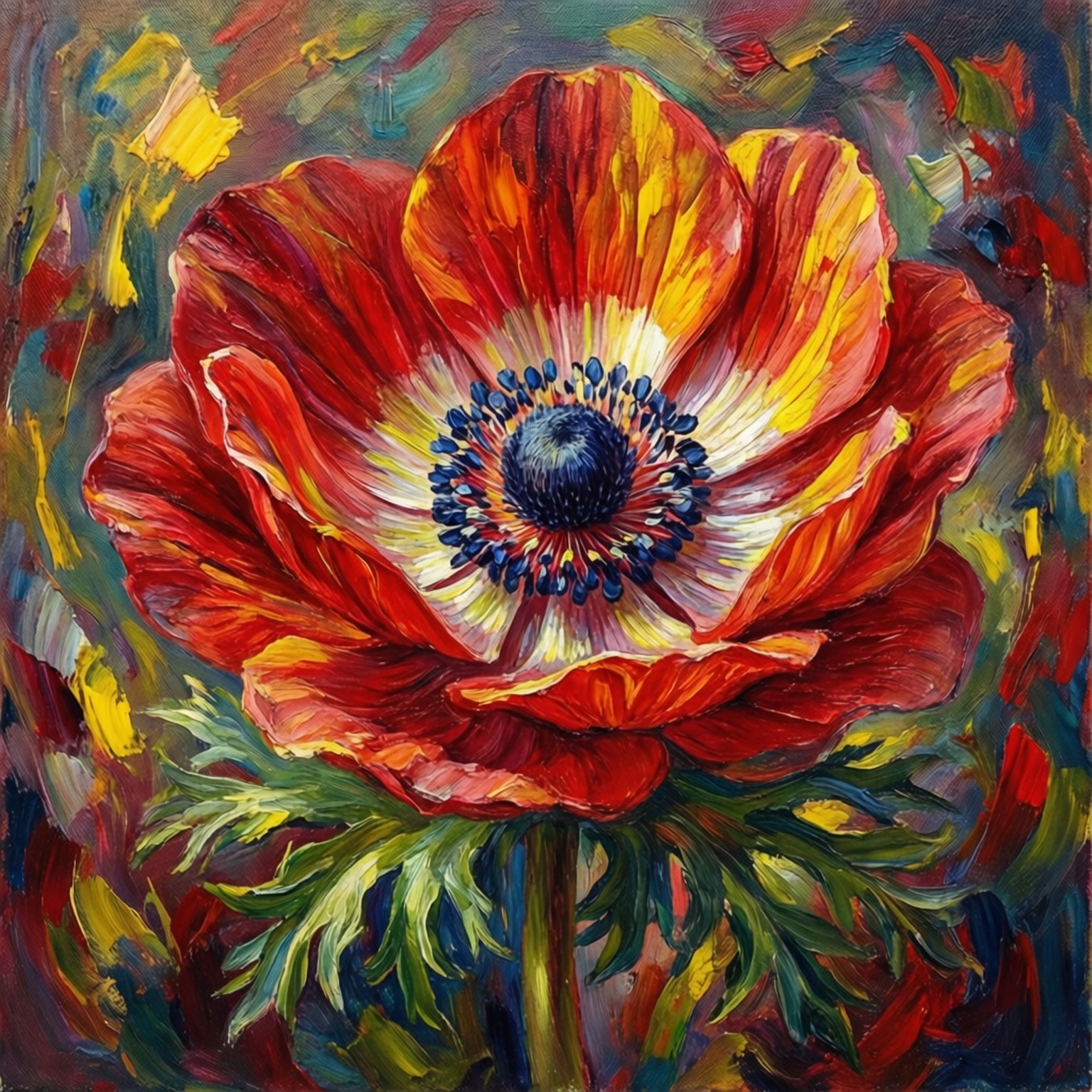 印象派銀蓮花 壁紙 — 一幅充滿活力的油畫，描繪了一朵紅黃相間、中心深藍色的罌粟花，背景是色彩繽紛的抽象圖案。