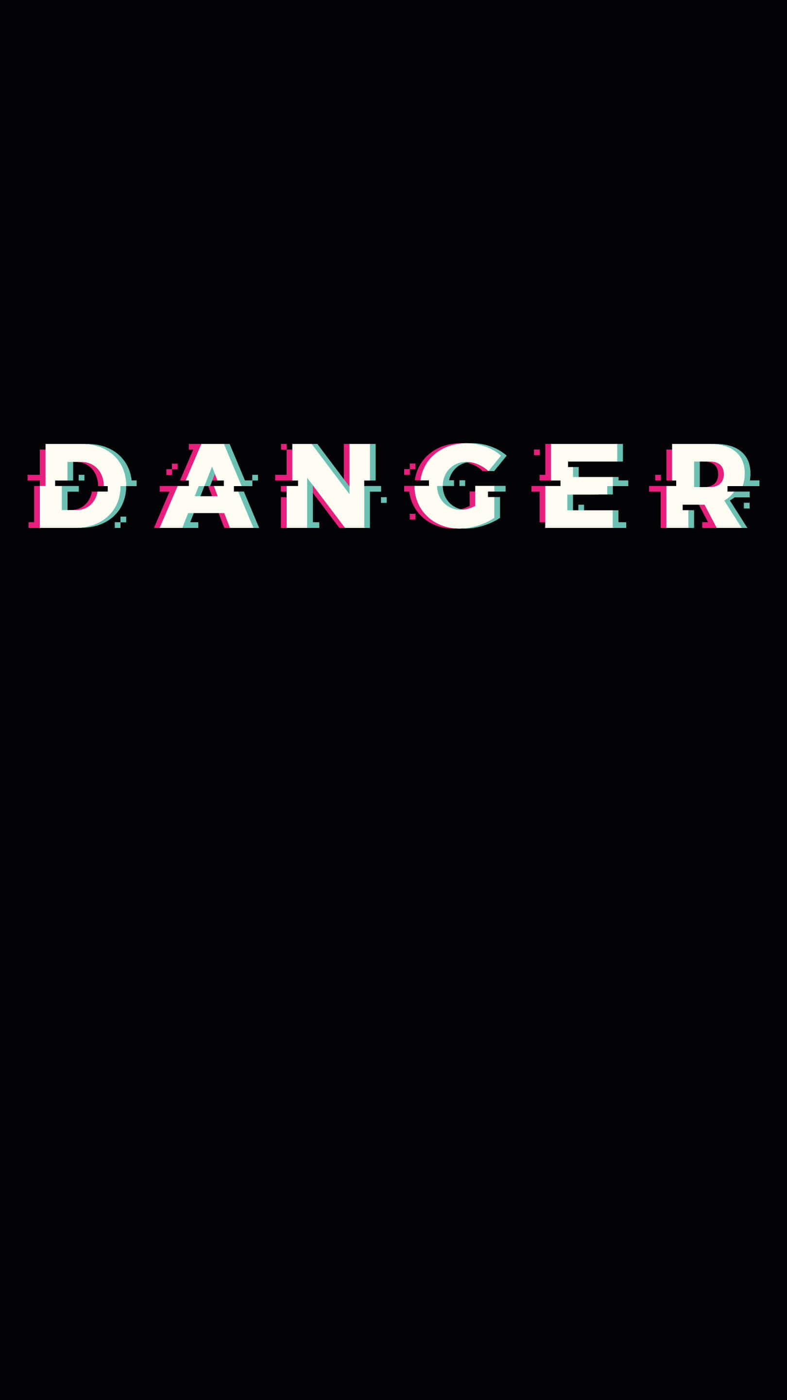 Danger 桌布 壁紙 — 「危險」一詞以故障風格的白色和粉紅色文字居中顯示在黑色背景上。