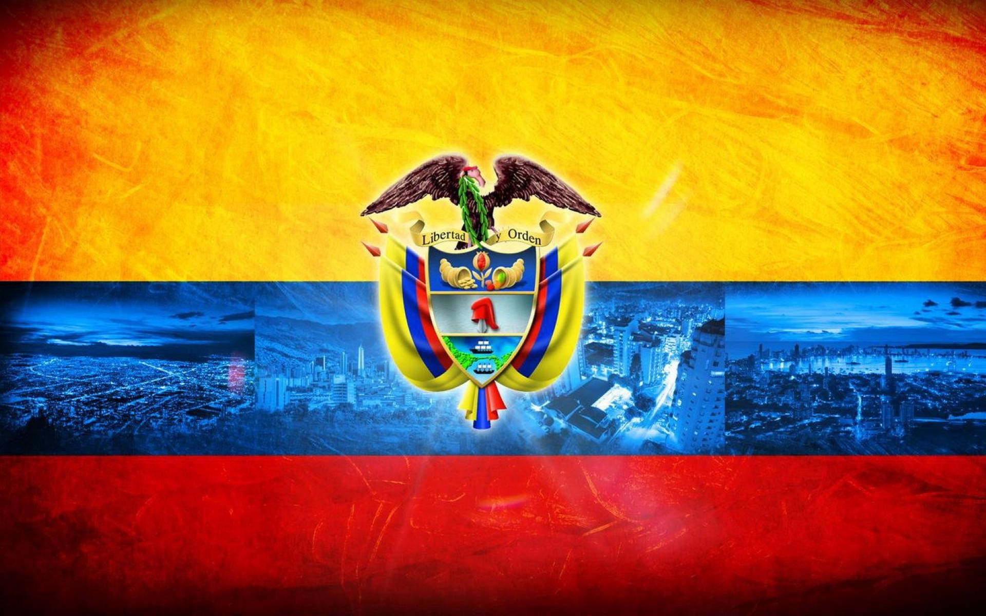 Colombia Flag 桌布 壁紙 — 厄瓜多國旗，國徽居中，置於藍色城市景觀拼貼畫之上。