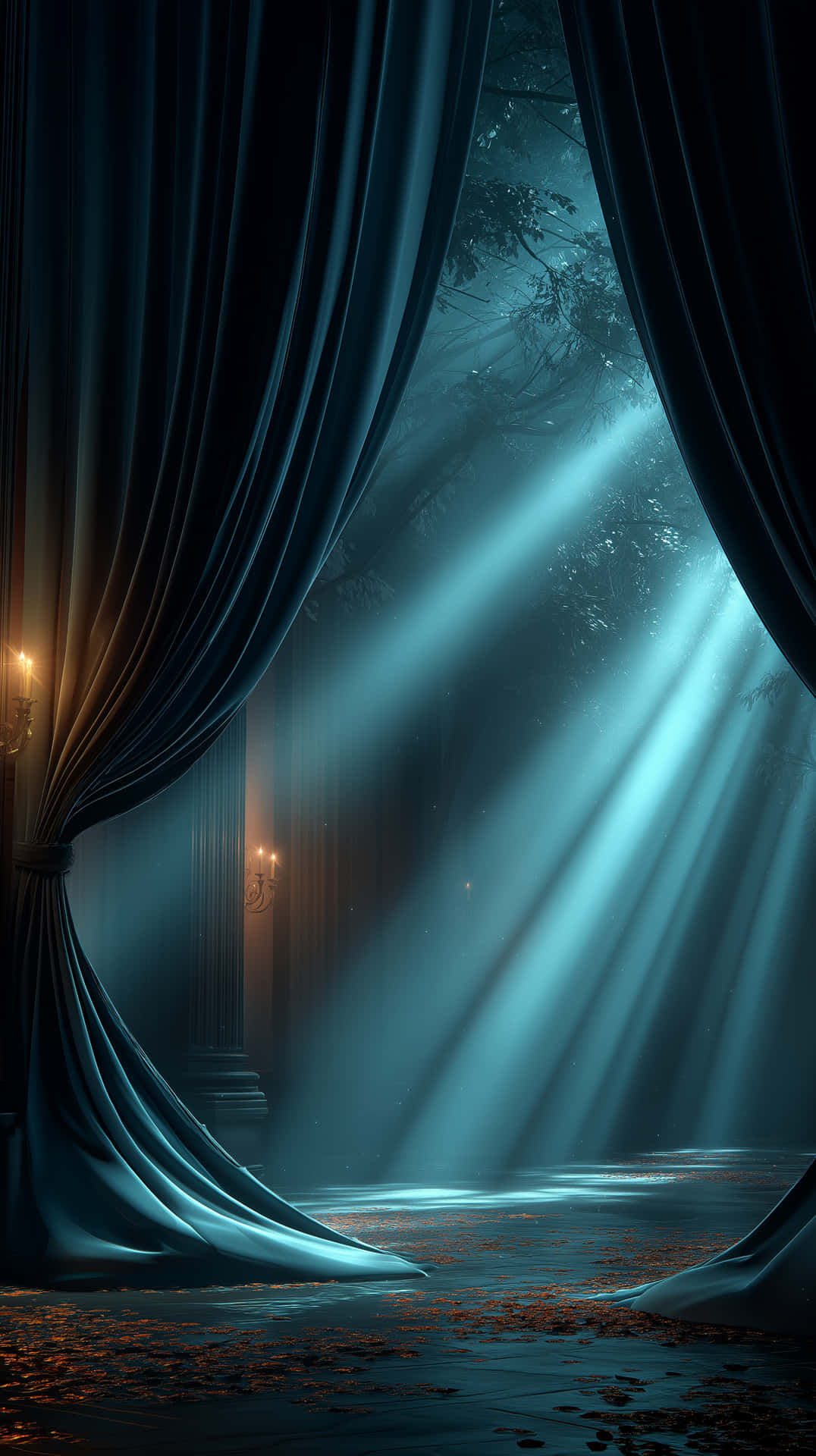 Dramatic Unfurling Curtains with Light Beams in Mysterious Room 壁紙 — 厚重的深色窗簾拉開，露出藍色光束穿過霧氣瀰漫的森林地面，散落著發光的橙色樹葉。