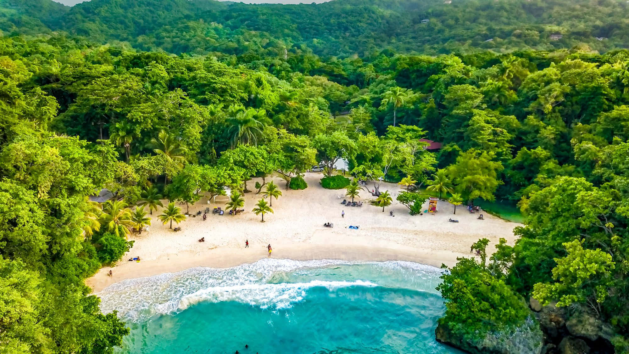 Jamaica 桌布 壁紙 — 原始熱帶海灘的鳥瞰圖，碧綠的海水拍打著白色沙灘，周圍是茂密的翡翠色叢林。