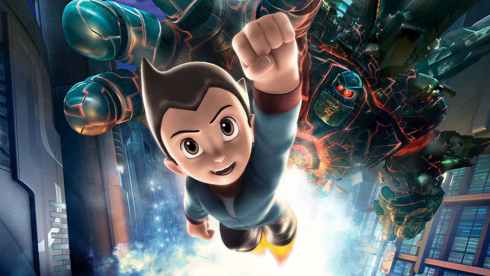 astro boy 桌布 壁紙 — 原子小金剛在未來城市中飛翔，拳頭發光，身後有一個巨型機器人。