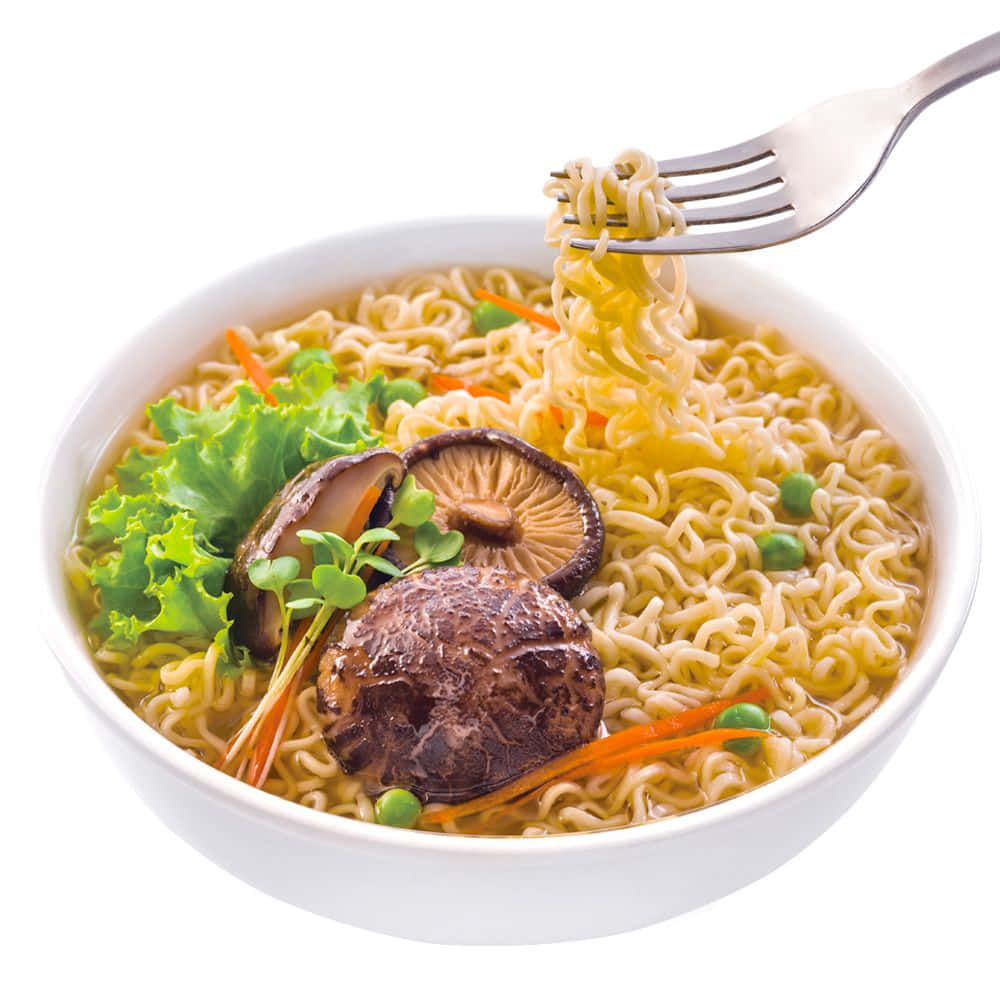 Noodles 桌布 壁紙 — 叉子從一碗裝滿湯、香菇、紅蘿蔔和新鮮蔬菜的碗中夾起冒煙的麵條。