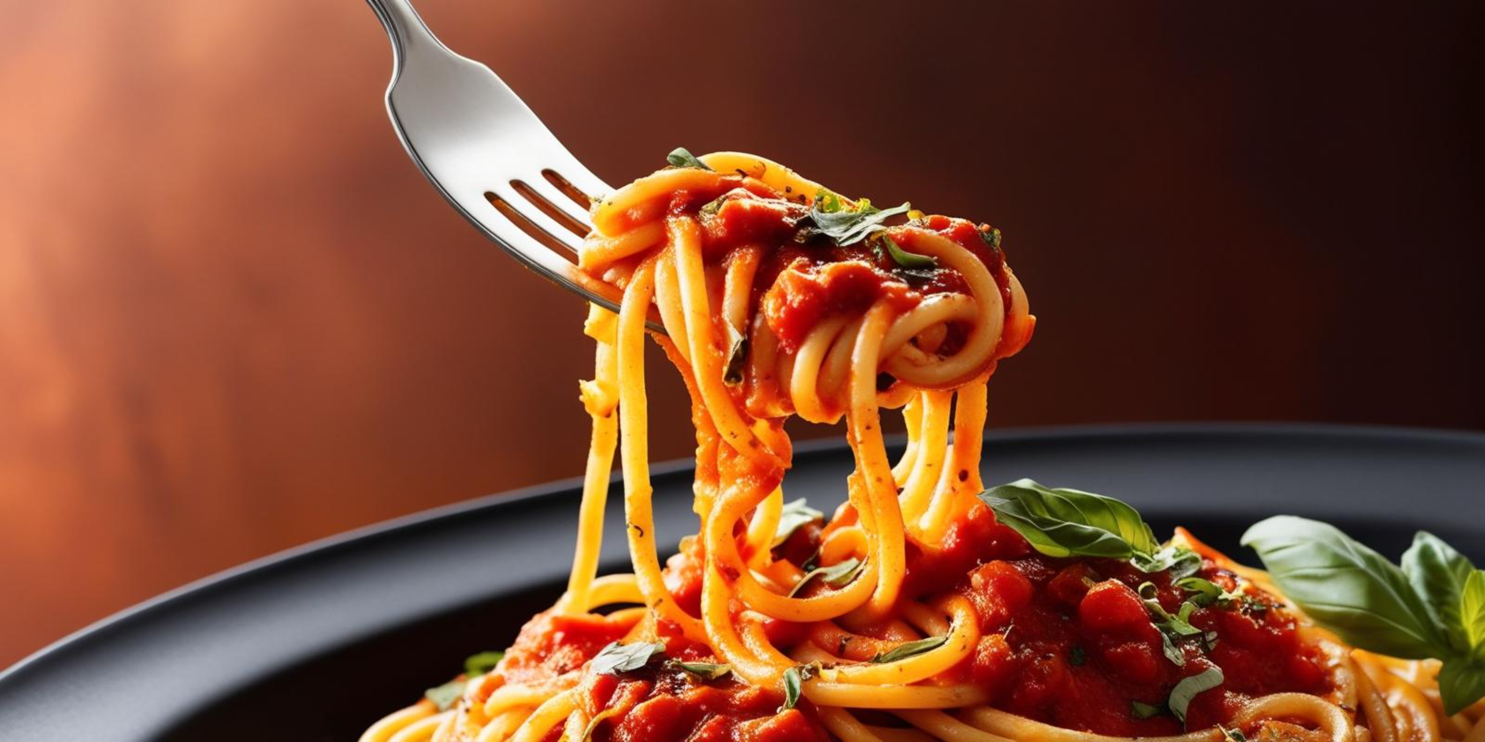 Spaghetti 桌布 壁紙 — 叉子從深色盤中挑起沾滿濃郁番茄醬、飾以新鮮羅勒的亮麗義大利麵。