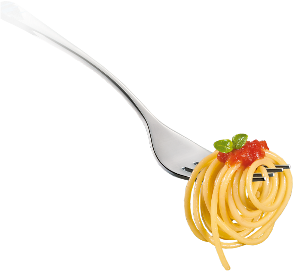 Pasta 桌布 壁紙 — 叉子旋轉著金黃色的義大利麵，上面鋪滿鮮紅的番茄醬和新鮮的羅勒葉，背景是純黑色。