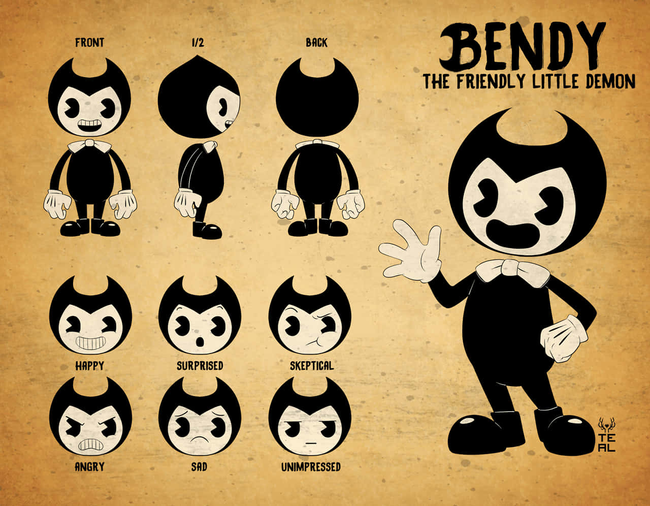 電玩遊戲 桌布 壁紙 — 友善小惡魔 Bendy 的角色設計圖，在舊羊皮紙上展示正面和背面視圖以及六種面部表情。