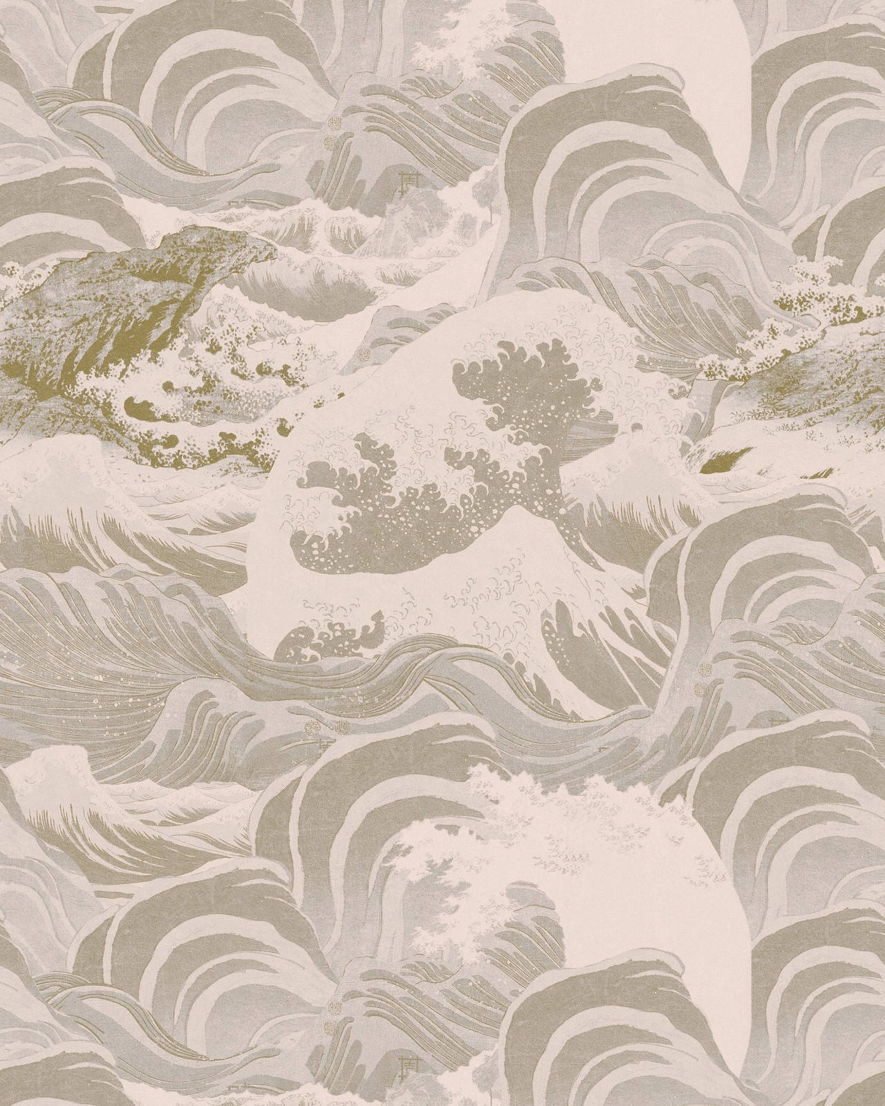 山景 桌布 壁紙 — 受葛飾北齋《神奈川沖浪裏》啟發的單色波浪圖案壁紙，以柔和米色和奶油色調呈現，並帶有細膩金色點綴。