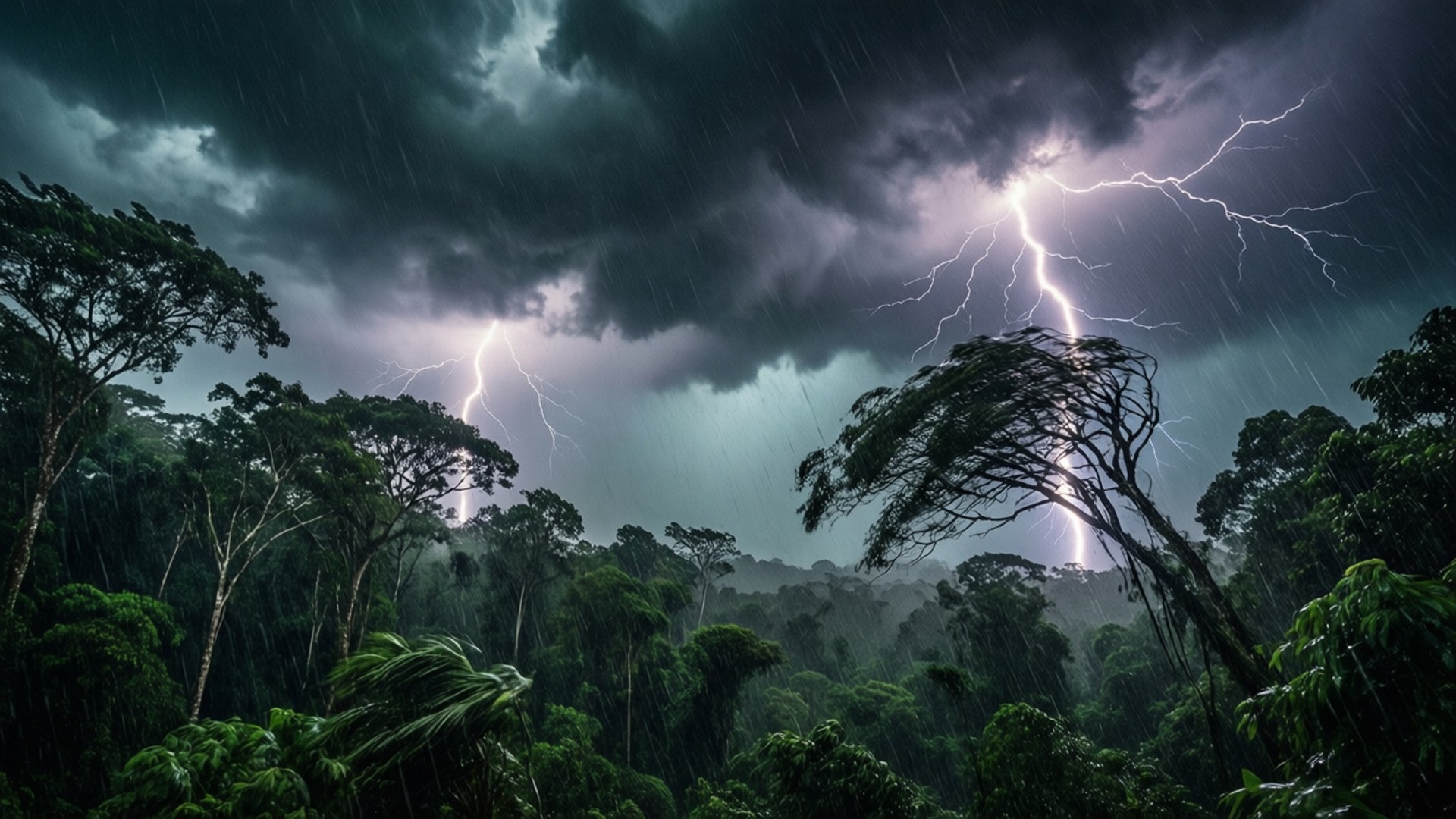 叢林上的暴風雨 壁紙 — 一場戲劇性的雷暴在茂密的雨林上空肆虐，閃電劈開烏雲，照亮了被雨掃過的樹木。