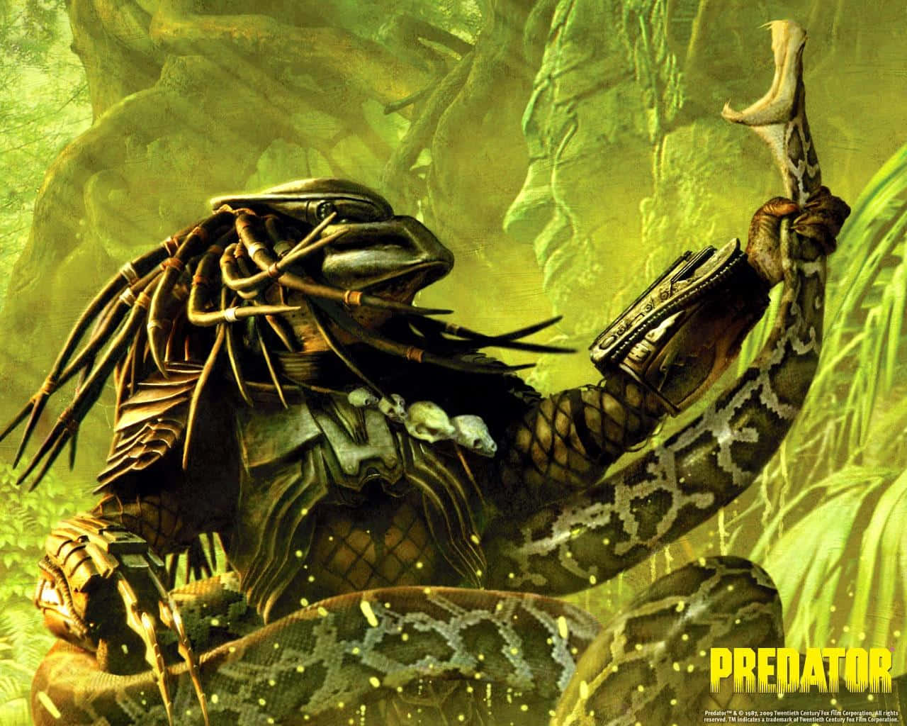 Wolf Predator 桌布 壁紙 — 叢林樹葉中的鐵血戰士手持骨尖武器，綠色光芒照亮其裝甲形態。
