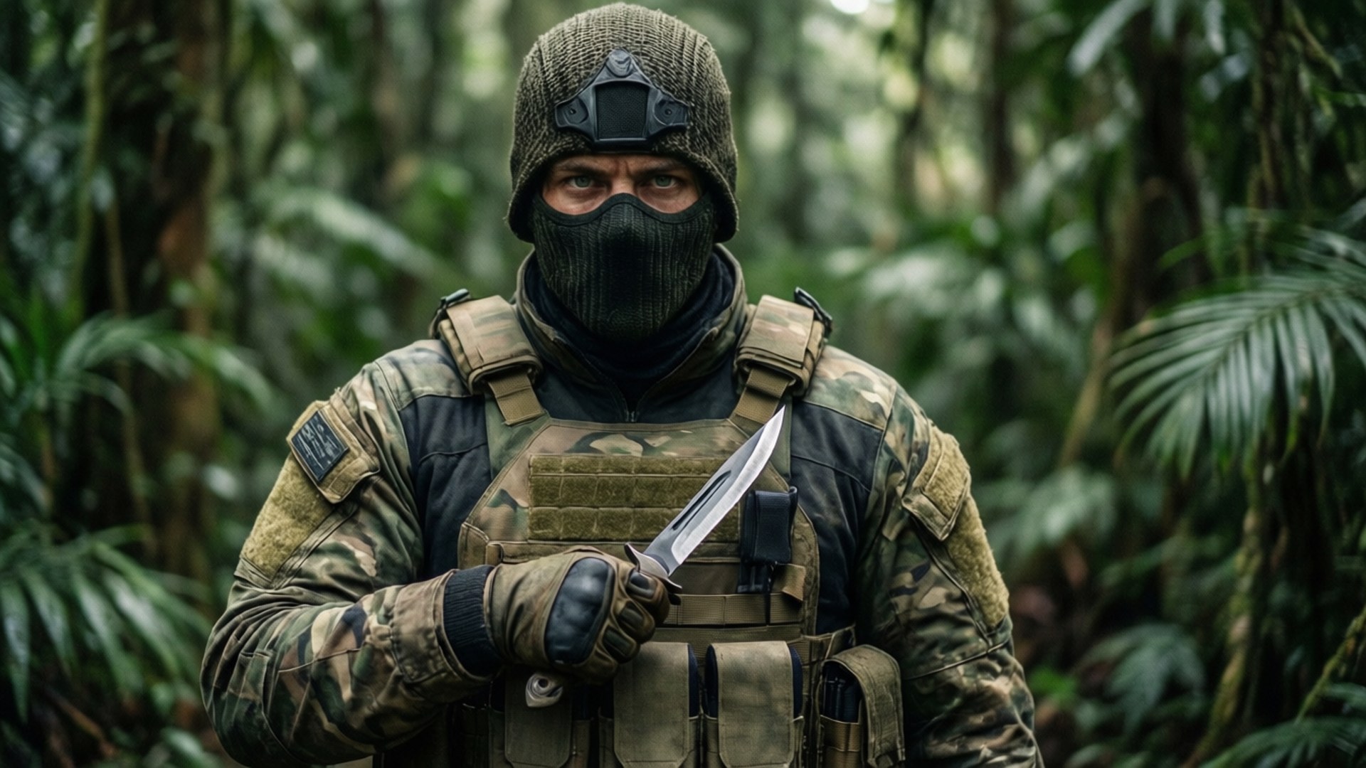 叢林特戰兵 壁紙 — 一名身穿全套戰術裝備的士兵在茂密的綠色叢林中專注地握著一把刀。